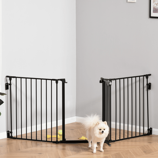 PawHut Barreira de Segurança para Animais de Estimação Barreira Dobrável de 3 Painéis com Fechadura Inteligente para Corredor Escada 180x74,5cm Preto