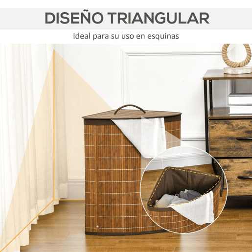 HOMCOM Cesto de Roupa de Bambu Capacidade de 55L Cesto para Roupa Suja em Forma de Leque com Tampa e Bolsa Amovível 38x38x57cm Marrom