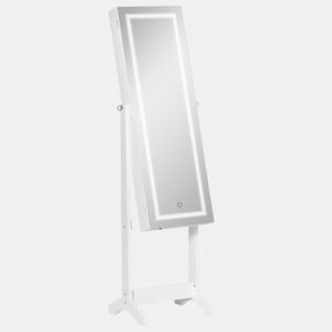 HOMCOM Espelho para Jóias com Luzes LED, Armário de Jóias de Pé com Espelho de Corpo Inteiro, Inclinação em 3 Ângulos, Fecho Magnético, Fechadura com 2 Chaves, Branco com Forro Preto