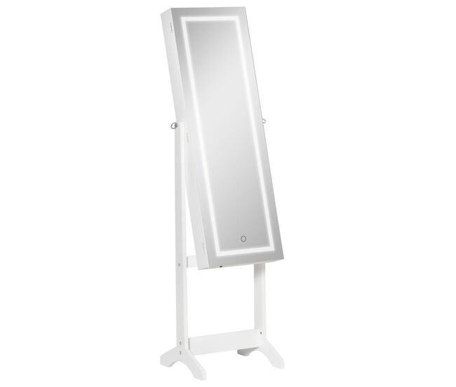 Homcom espejo joyero con luces led, armario para joyas, armario joyero de pie con espejo entero, inclinado en 3 ángulos, cierre magnético, cerradura