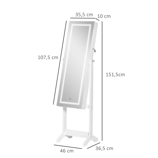 HOMCOM Espelho para Jóias com Luzes LED, Armário de Jóias de Pé com Espelho de Corpo Inteiro, Inclinação em 3 Ângulos, Fecho Magnético, Fechadura com 2 Chaves, Branco com Forro Preto