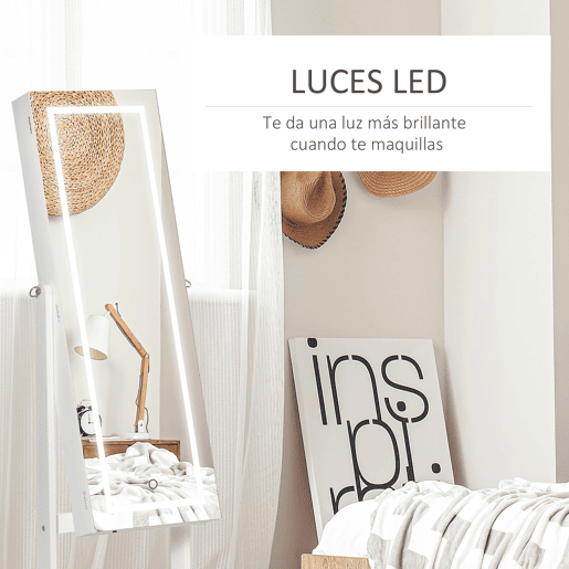 HOMCOM Espelho para Jóias com Luzes LED, Armário de Jóias de Pé com Espelho de Corpo Inteiro, Inclinação em 3 Ângulos, Fecho Magnético, Fechadura com 2 Chaves, Branco com Forro Preto