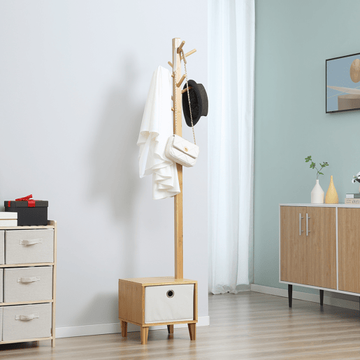 HOMCOM Cabide de Pé de Bambu com Banco Gaveta de Tecido e 8 Ganchos para Pendurar Roupa Bolsas Casacos para Entrada Sala de Estar Corredor 35x35x177cm Natural