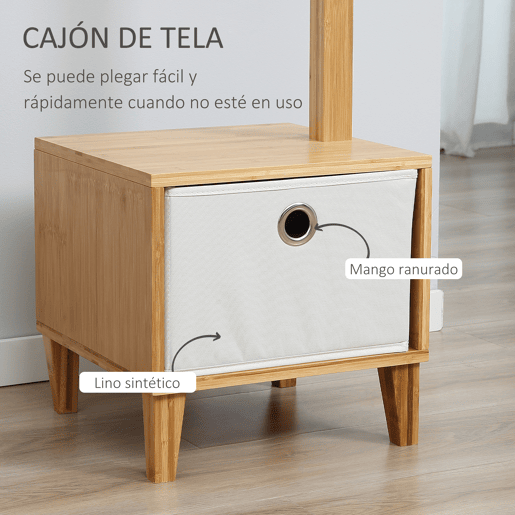 HOMCOM Cabide de Pé de Bambu com Banco Gaveta de Tecido e 8 Ganchos para Pendurar Roupa Bolsas Casacos para Entrada Sala de Estar Corredor 35x35x177cm Natural