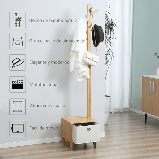 HOMCOM Cabide de Pé de Bambu com Banco Gaveta de Tecido e 8 Ganchos para Pendurar Roupa Bolsas Casacos para Entrada Sala de Estar Corredor 35x35x177cm Natural