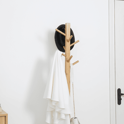 HOMCOM Cabide de Pé de Bambu com Banco Gaveta de Tecido e 8 Ganchos para Pendurar Roupa Bolsas Casacos para Entrada Sala de Estar Corredor 35x35x177cm Natural