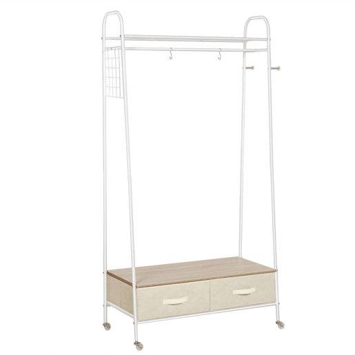 HOMCOM Suporte para Cabides de Metálico Cabideiro com Rodas Prateleira e 2 Gavetas para Organizar Roupas Bolsos Sapatos 99x47x185cm Branco