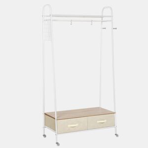 HOMCOM Suporte para Cabides de Metálico Cabideiro com Rodas Prateleira e 2 Gavetas para Organizar Roupas Bolsos Sapatos 99x47x185cm Branco