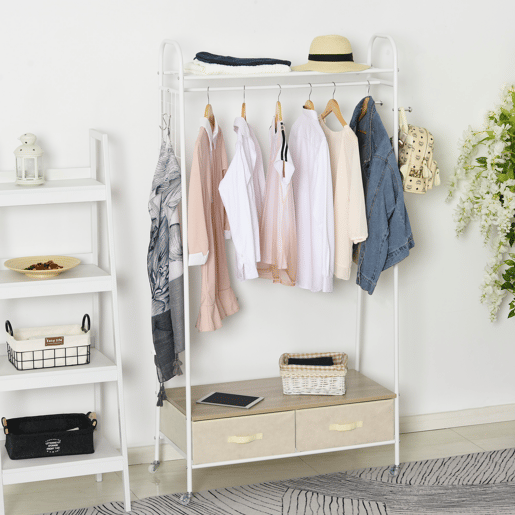 HOMCOM Suporte para Cabides de Metálico Cabideiro com Rodas Prateleira e 2 Gavetas para Organizar Roupas Bolsos Sapatos 99x47x185cm Branco