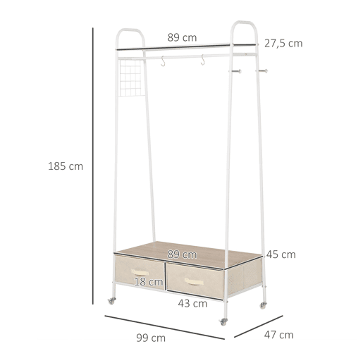 HOMCOM Suporte para Cabides de Metálico Cabideiro com Rodas Prateleira e 2 Gavetas para Organizar Roupas Bolsos Sapatos 99x47x185cm Branco