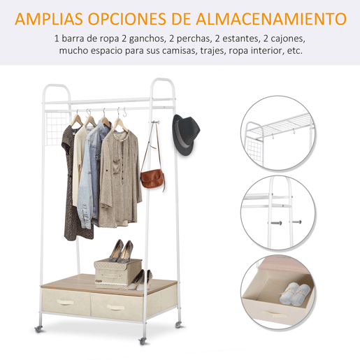 HOMCOM Suporte para Cabides de Metálico Cabideiro com Rodas Prateleira e 2 Gavetas para Organizar Roupas Bolsos Sapatos 99x47x185cm Branco