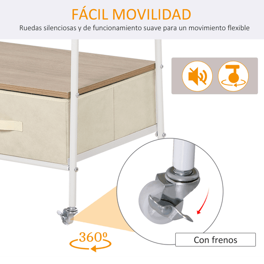 HOMCOM Suporte para Cabides de Metálico Cabideiro com Rodas Prateleira e 2 Gavetas para Organizar Roupas Bolsos Sapatos 99x47x185cm Branco