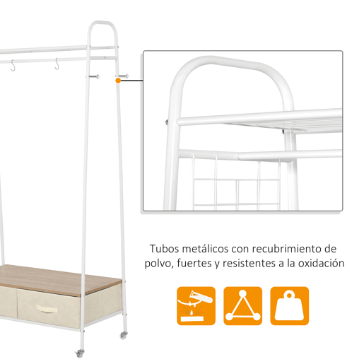 HOMCOM Suporte para Cabides de Metálico Cabideiro com Rodas Prateleira e 2 Gavetas para Organizar Roupas Bolsos Sapatos 99x47x185cm Branco