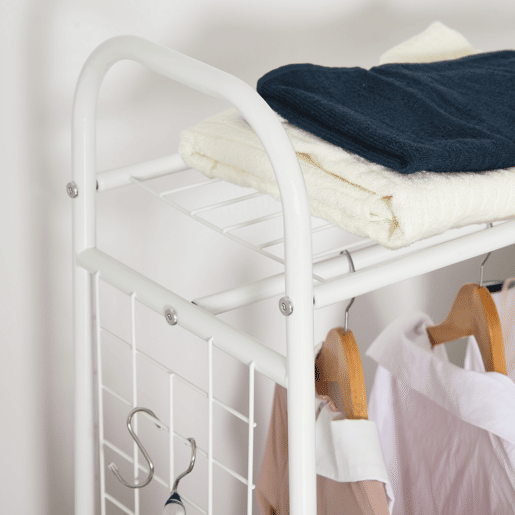 HOMCOM Suporte para Cabides de Metálico Cabideiro com Rodas Prateleira e 2 Gavetas para Organizar Roupas Bolsos Sapatos 99x47x185cm Branco