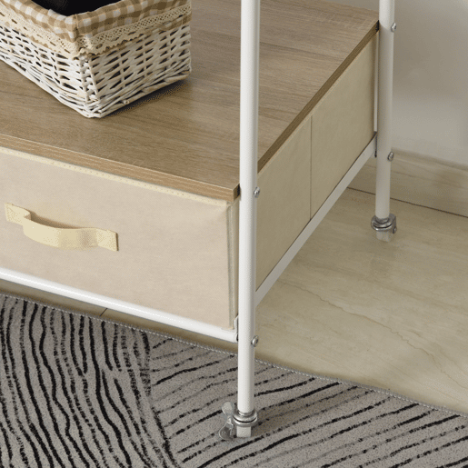 HOMCOM Suporte para Cabides de Metálico Cabideiro com Rodas Prateleira e 2 Gavetas para Organizar Roupas Bolsos Sapatos 99x47x185cm Branco