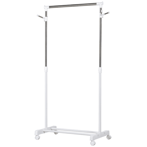 HOMCOM Charriot com Altura Ajustável Cabide com Rodas Portátil Prateleira Inferior Aço 68,5x42x87-145cm Branco e Prata