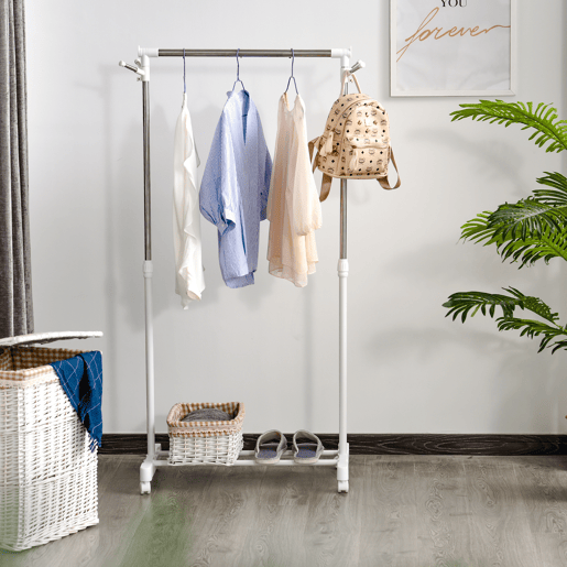HOMCOM Charriot com Altura Ajustável Cabide com Rodas Portátil Prateleira Inferior Aço 68,5x42x87-145cm Branco e Prata