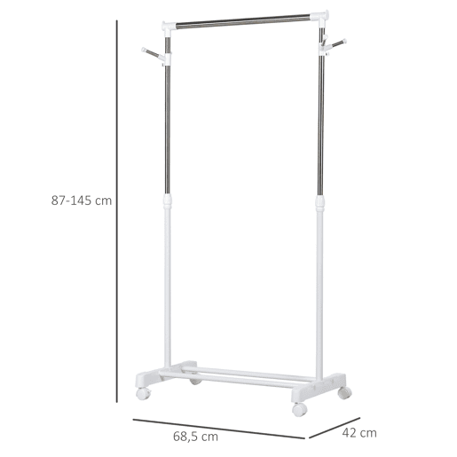 HOMCOM Charriot com Altura Ajustável Cabide com Rodas Portátil Prateleira Inferior Aço 68,5x42x87-145cm Branco e Prata