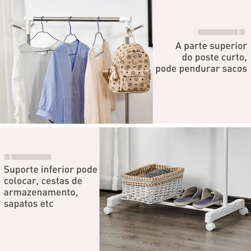 HOMCOM Charriot com Altura Ajustável Cabide com Rodas Portátil Prateleira Inferior Aço 68,5x42x87-145cm Branco e Prata