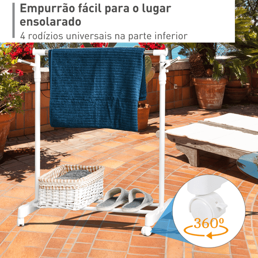 HOMCOM Charriot com Altura Ajustável Cabide com Rodas Portátil Prateleira Inferior Aço 68,5x42x87-145cm Branco e Prata