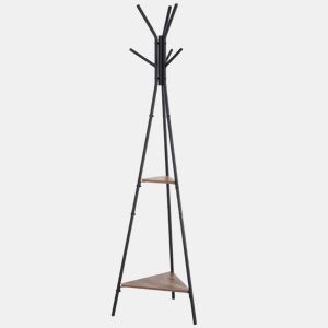 HOMCOM Cabide de Pé Metálico com 6 Ganchos e Prateleiras Cabide de Pé em Forma de Árvore para Dormitório Cabide de Pé para Pendurar Roupas Bolsas Chapéus 46x52x182 cm Preto e Madeira
