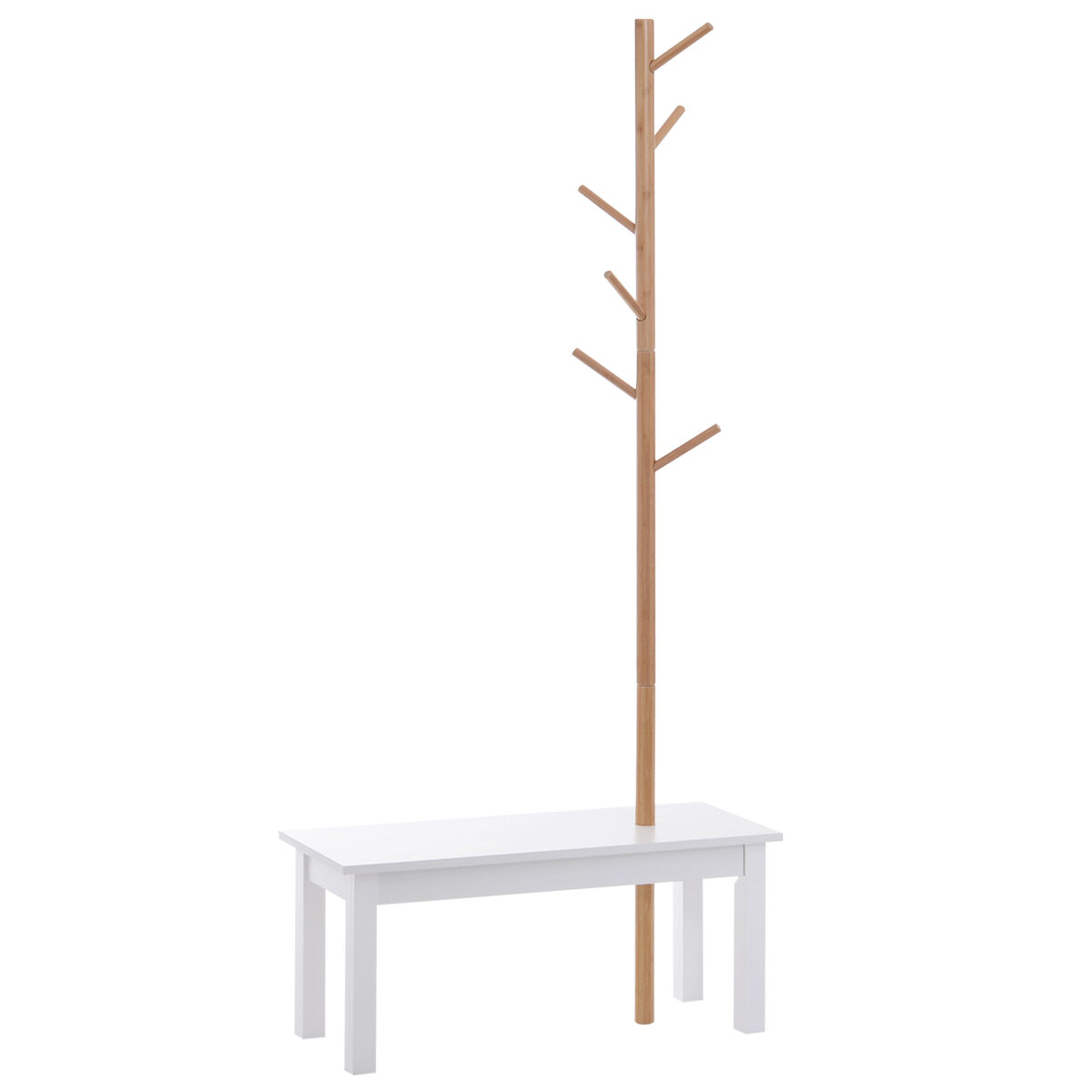 Homcom perchero de pie con banco colgador tipo árbol moderno 6 ganchos para colgar ropa bolsa pasillo entrada bambú y mdf 80x30x180cm