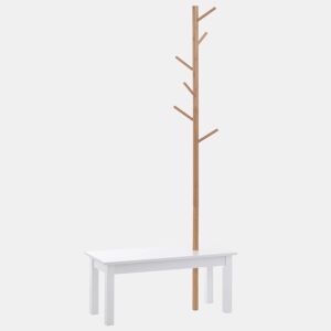 HOMCOM Cabide de Pé com Banco Pendurador Tipo Árvore Moderno 6 Ganchos para Pendurar Roupa Malas Corredor Entrada Bambu e MDF 80x30x180cm