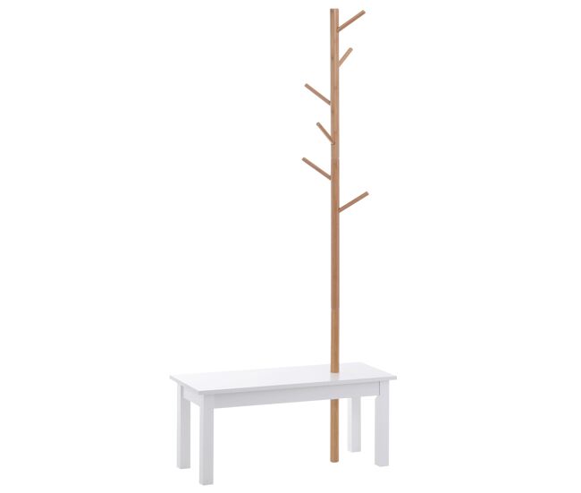 Homcom perchero de pie con banco colgador tipo árbol moderno 6 ganchos para colgar ropa bolsa pasillo entrada bambú y mdf 80x30x180cm