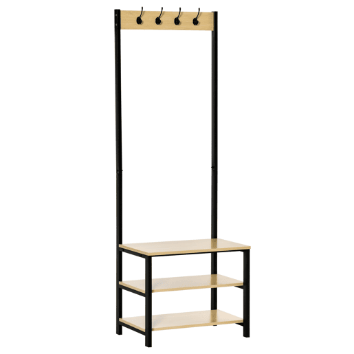 HOMCOM Cabide Suporte De Metal Estande 3 Prateleiras 8 Ganchos Cabide para Sapatos Roupas para Entrada do Corredor 60x40x175 cm