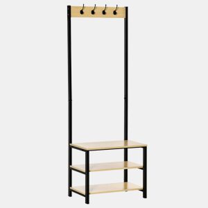 HOMCOM Cabide Suporte De Metal Estande 3 Prateleiras 8 Ganchos Cabide para Sapatos Roupas para Entrada do Corredor 60x40x175 cm