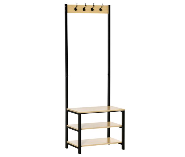 Homcom perchero de pie perchero metálico zapatero con 3 estantes y 4 ganchos para colgar ropas para pasillo entrada 60x40x175 cm negro y natural