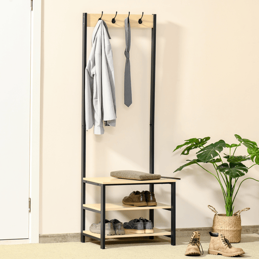 HOMCOM Cabide Suporte De Metal Estande 3 Prateleiras 8 Ganchos Cabide para Sapatos Roupas para Entrada do Corredor 60x40x175 cm