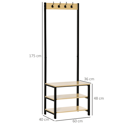 HOMCOM Cabide Suporte De Metal Estande 3 Prateleiras 8 Ganchos Cabide para Sapatos Roupas para Entrada do Corredor 60x40x175 cm