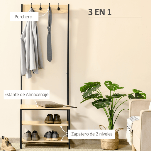 HOMCOM Cabide Suporte De Metal Estande 3 Prateleiras 8 Ganchos Cabide para Sapatos Roupas para Entrada do Corredor 60x40x175 cm