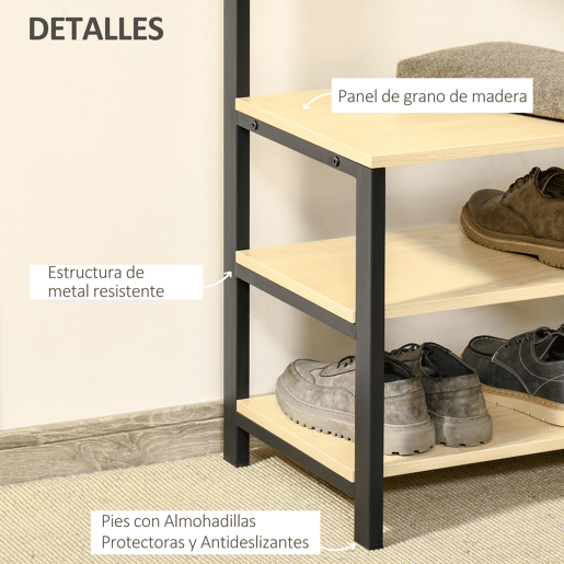 HOMCOM Cabide Suporte De Metal Estande 3 Prateleiras 8 Ganchos Cabide para Sapatos Roupas para Entrada do Corredor 60x40x175 cm