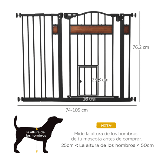 PawHut Grade de Segurança Extensível para Portas e Escadas, Barreira para Cães Médios com Altura Ajustável, Fecho Automático e Sistema de Dupla Tranca, 93x76,2 cm, Preto