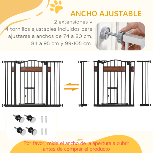 PawHut Grade de Segurança Extensível para Portas e Escadas, Barreira para Cães Médios com Altura Ajustável, Fecho Automático e Sistema de Dupla Tranca, 93x76,2 cm, Preto