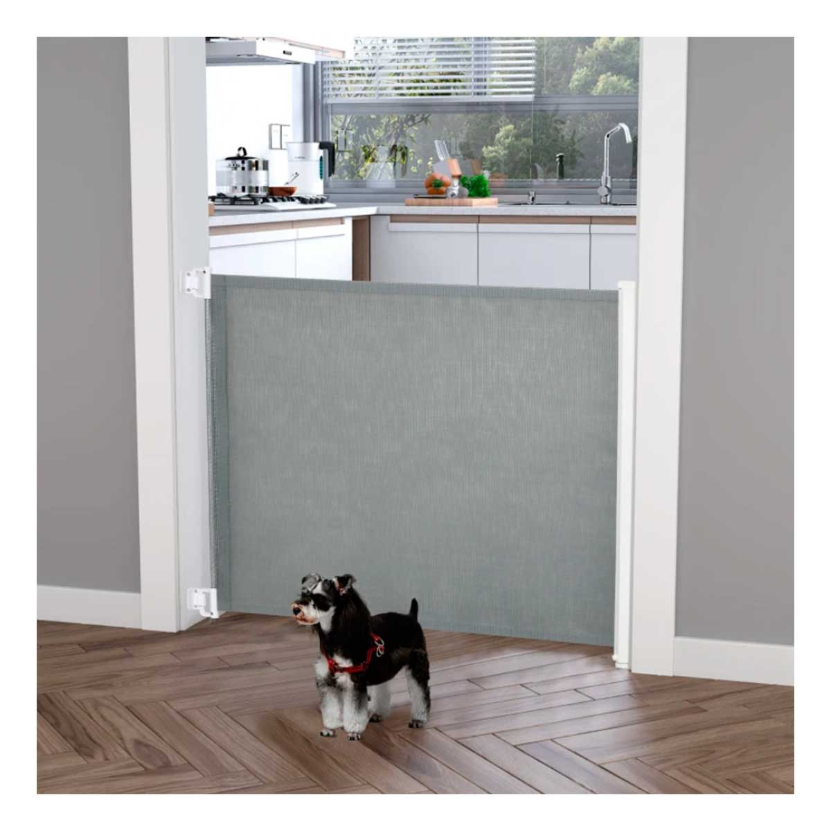 Pawhut barrera para perros retráctil puerta para perros extensible barrera de seguridad para mascotas con ancho ajustable 5,5-115 cm función enrollado automático y asa para escaleras y puertas gris