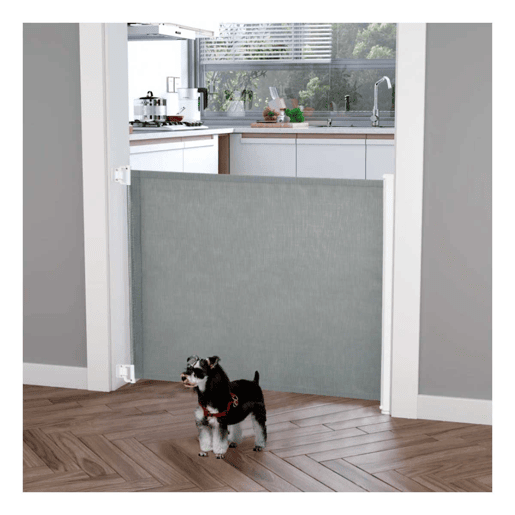 PawHut Barreira de Segurança para Cães Extensível Grade Retrátil para Animais de Estimação com Extensão Aço e Tecido de Textilene para Escadas e Portas 5,5-115x5,5x82,5cm Cinza