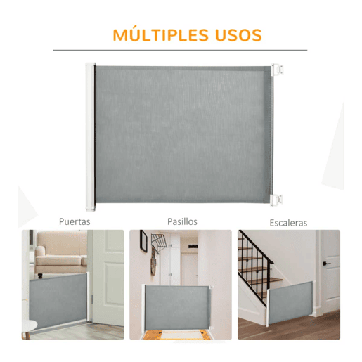 PawHut Barreira de Segurança para Cães Extensível Grade Retrátil para Animais de Estimação com Extensão Aço e Tecido de Textilene para Escadas e Portas 5,5-115x5,5x82,5cm Cinza