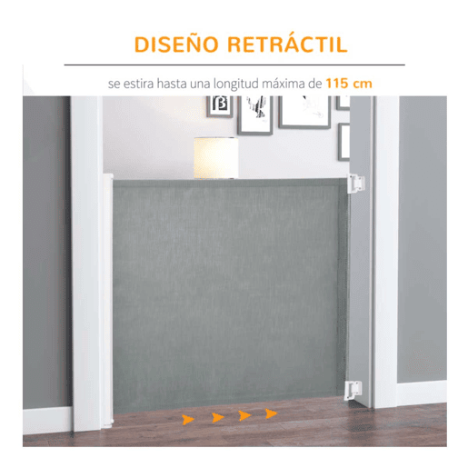 PawHut Barreira de Segurança para Cães Extensível Grade Retrátil para Animais de Estimação com Extensão Aço e Tecido de Textilene para Escadas e Portas 5,5-115x5,5x82,5cm Cinza