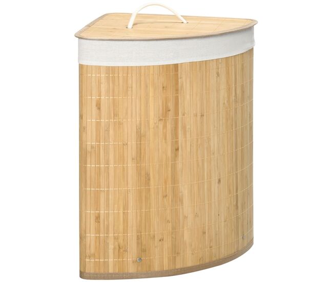 Homcom cesto para ropa sucia de bambú capacidad de 55l cesta para la colada esquinero en forma de abanico con tapa y bolsa extraíble y lavable, para baño, dormitorio, 38x38x57 cm natural