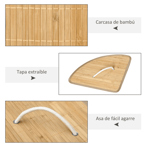 HOMCOM Cesto de Roupa de Bambu Capacidade de 55L Cesto para Roupa Suja em Forma de Leque com Tampa e Bolsa Amovível 38x38x57cm Madeira