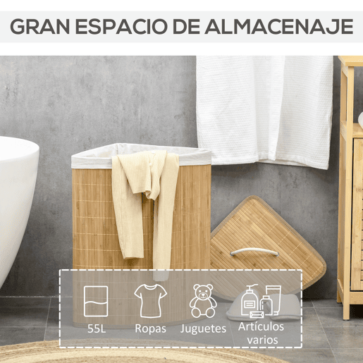 HOMCOM Cesto de Roupa de Bambu Capacidade de 55L Cesto para Roupa Suja em Forma de Leque com Tampa e Bolsa Amovível 38x38x57cm Madeira