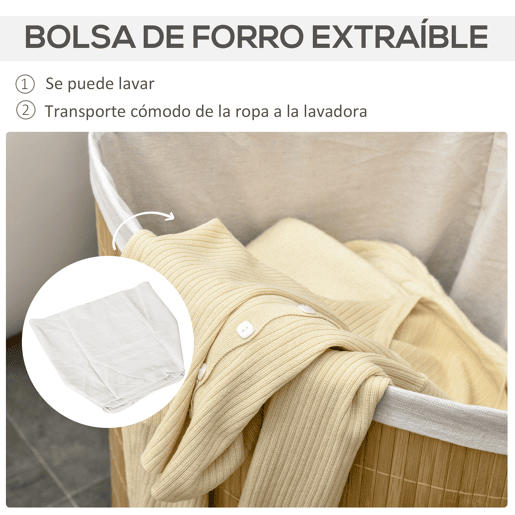 HOMCOM Cesto de Roupa de Bambu Capacidade de 55L Cesto para Roupa Suja em Forma de Leque com Tampa e Bolsa Amovível 38x38x57cm Madeira