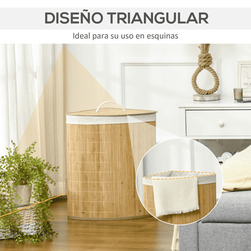 HOMCOM Cesto de Roupa de Bambu Capacidade de 55L Cesto para Roupa Suja em Forma de Leque com Tampa e Bolsa Amovível 38x38x57cm Madeira