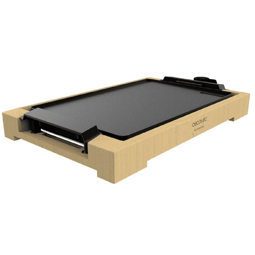 Cecotec Grelhador de mesa elétrico de 2000 W, com estrutura de bambu, termostato regulável e placa antiaderente com superfície plana, revestimento de alumínio fundido e apta para máquina da louça.