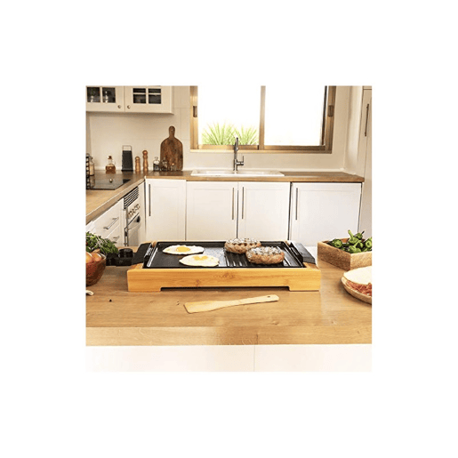 Cecotec Grelhador de mesa de 2000 W, com estrutura de bambu, termostato regulável e placa antiaderente com superfície mista de metade grill, apta para máquina da louça.