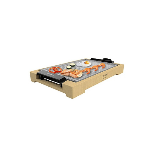 Cecotec Grelhador de mesa elétrico de 2000 W, com estrutura de bambu, termostato regulável e placa antiaderente com superfície mista de grill e prancha, revestimento de alumínio fundido e apta para máquina da louça.