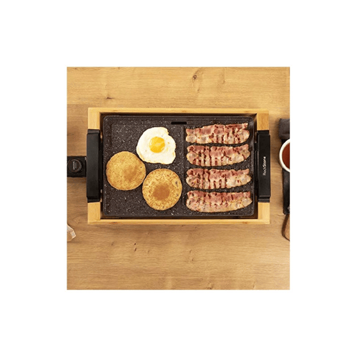 Cecotec Grelhador de mesa elétrico de 2000 W, com estrutura de bambu, termostato regulável e placa antiaderente com superfície mista de grill e prancha, revestimento de alumínio fundido e apta para máquina da louça.